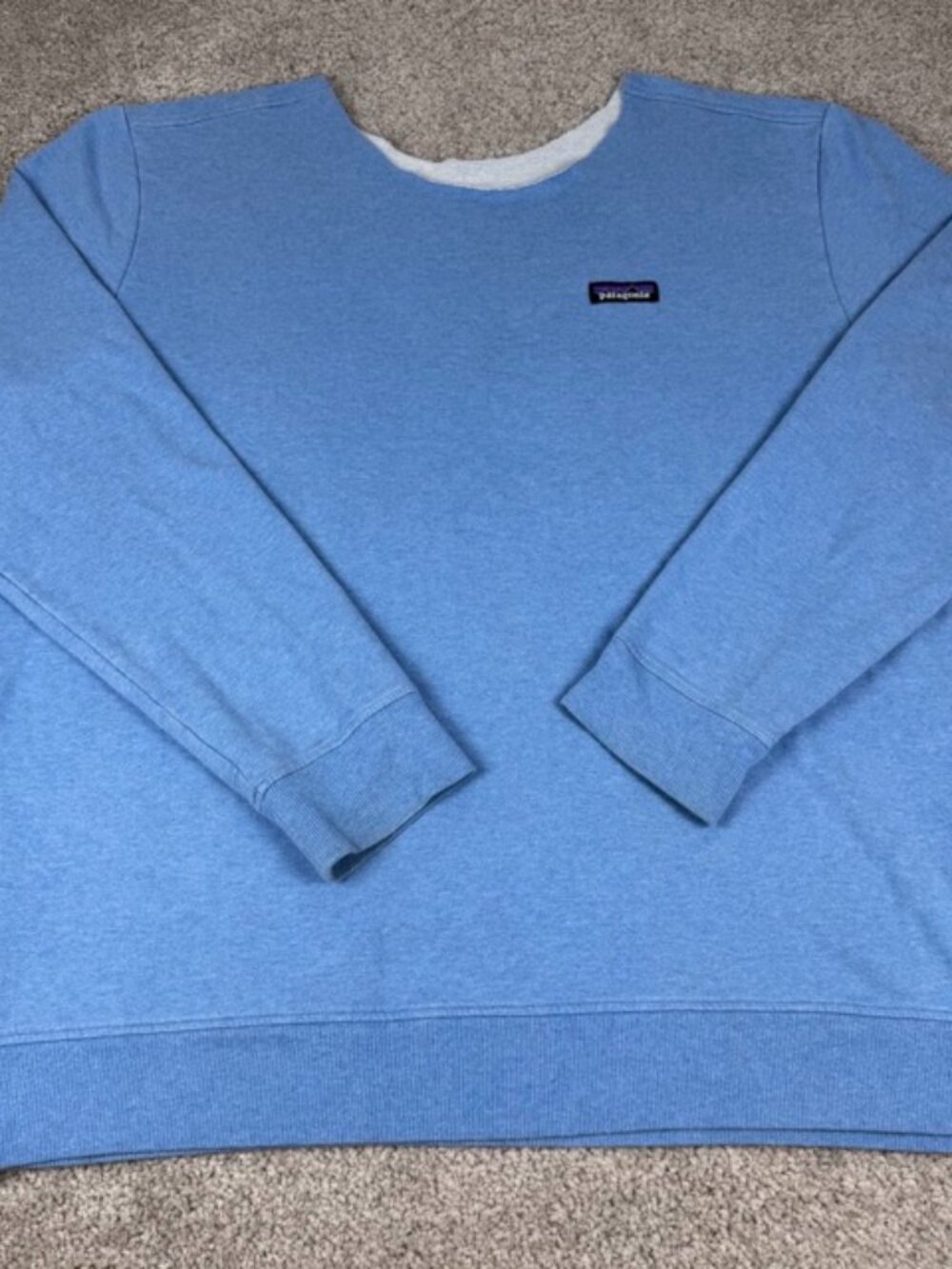 Patagonia Mens P-6 Label Midweight Crew Sweatshirt Sky Blue Size XL Cut Neck